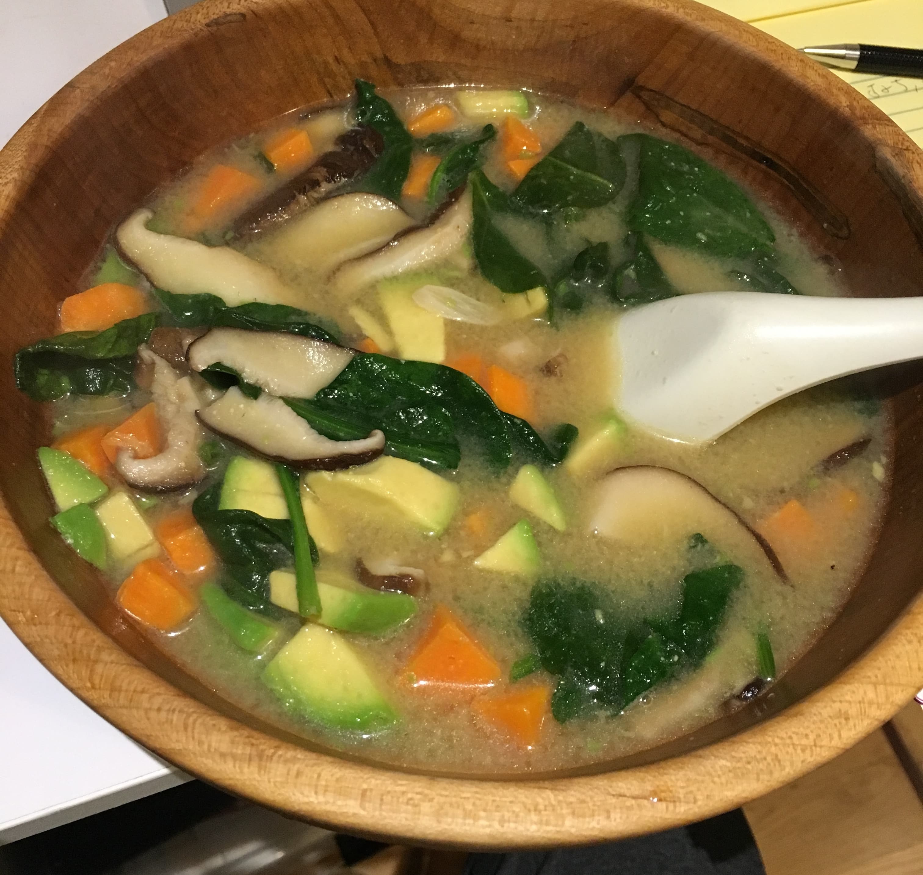 Miso mushroom soup over sweet potatoes and avocado