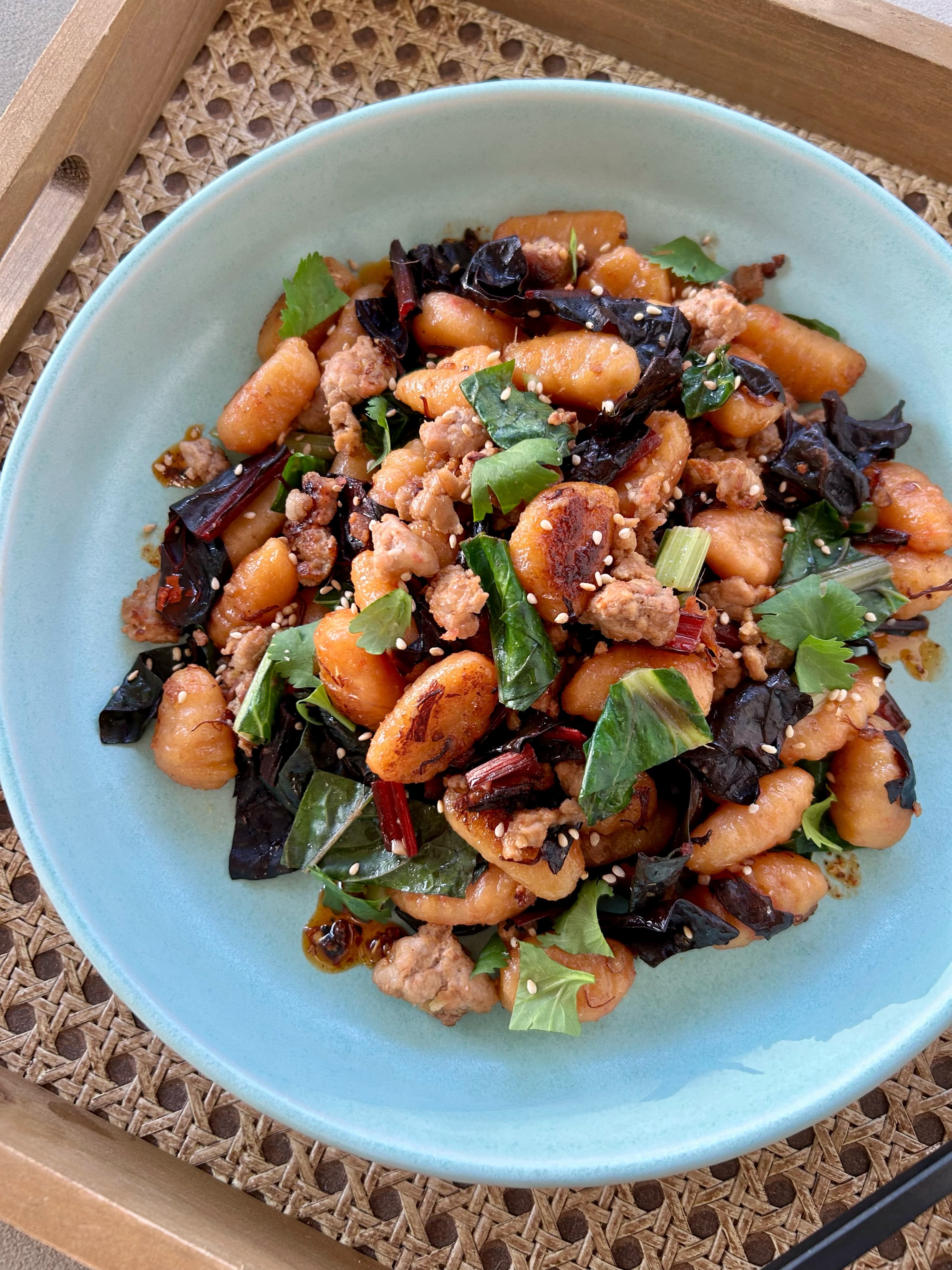 XO Stir-Fried Gnocchi with Ground Pork and Chard