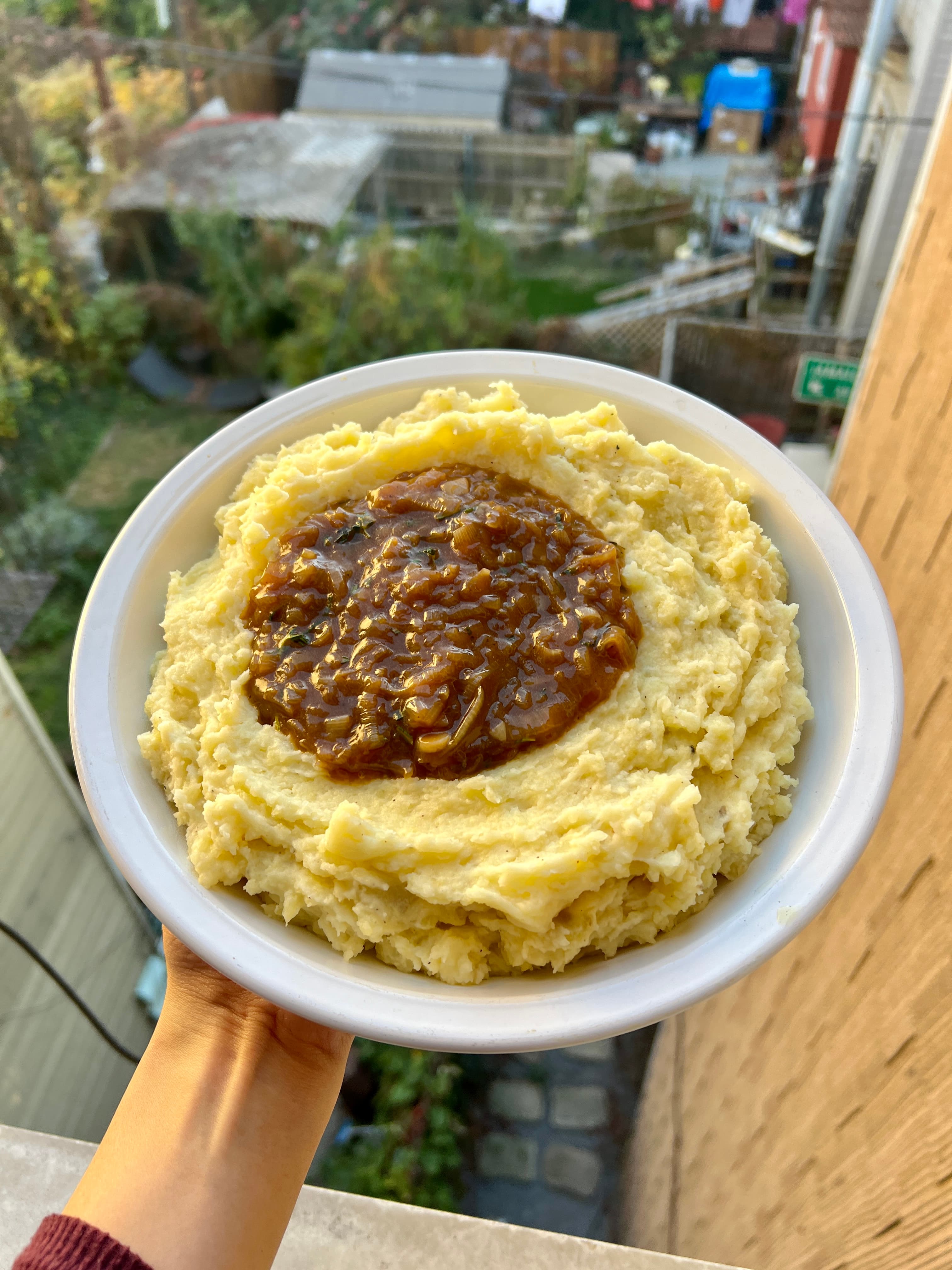 Parmesan Mashed Potatoes and Caramelized Shallot-Molasses Gravy