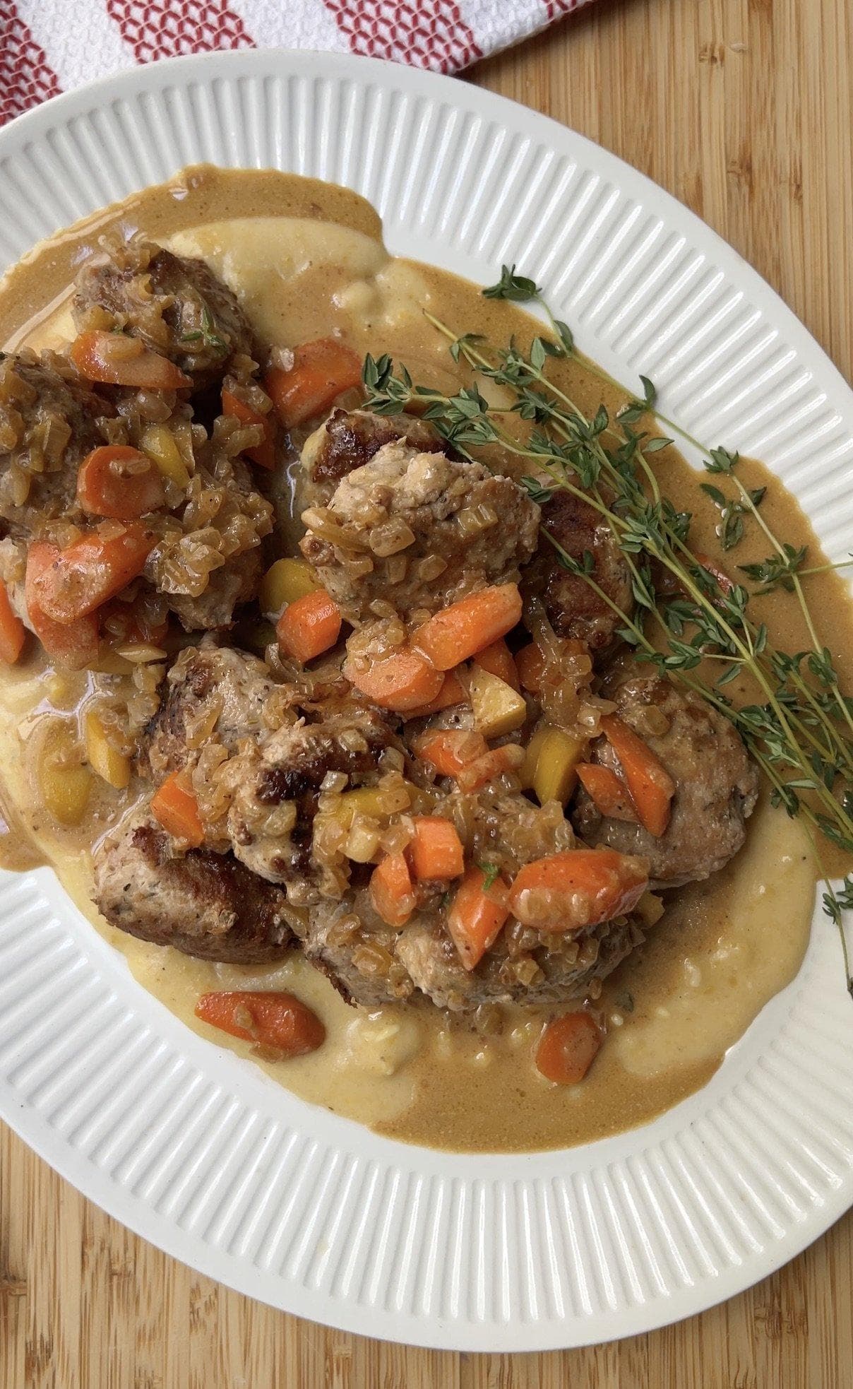 Turkey Meatballs with Creamy Polenta, Carrots and Pan Sauce