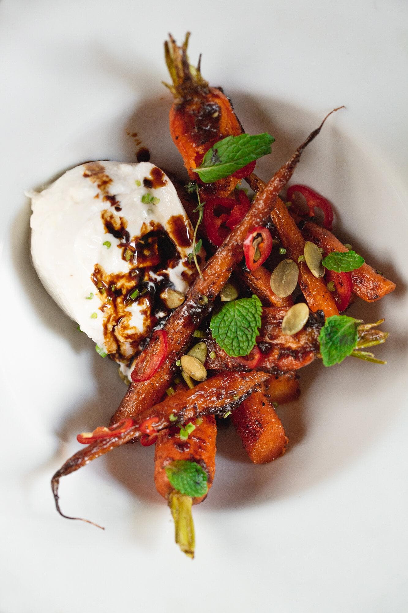 Date Roasted Carrot Salad with Burrata, Mint & Chili