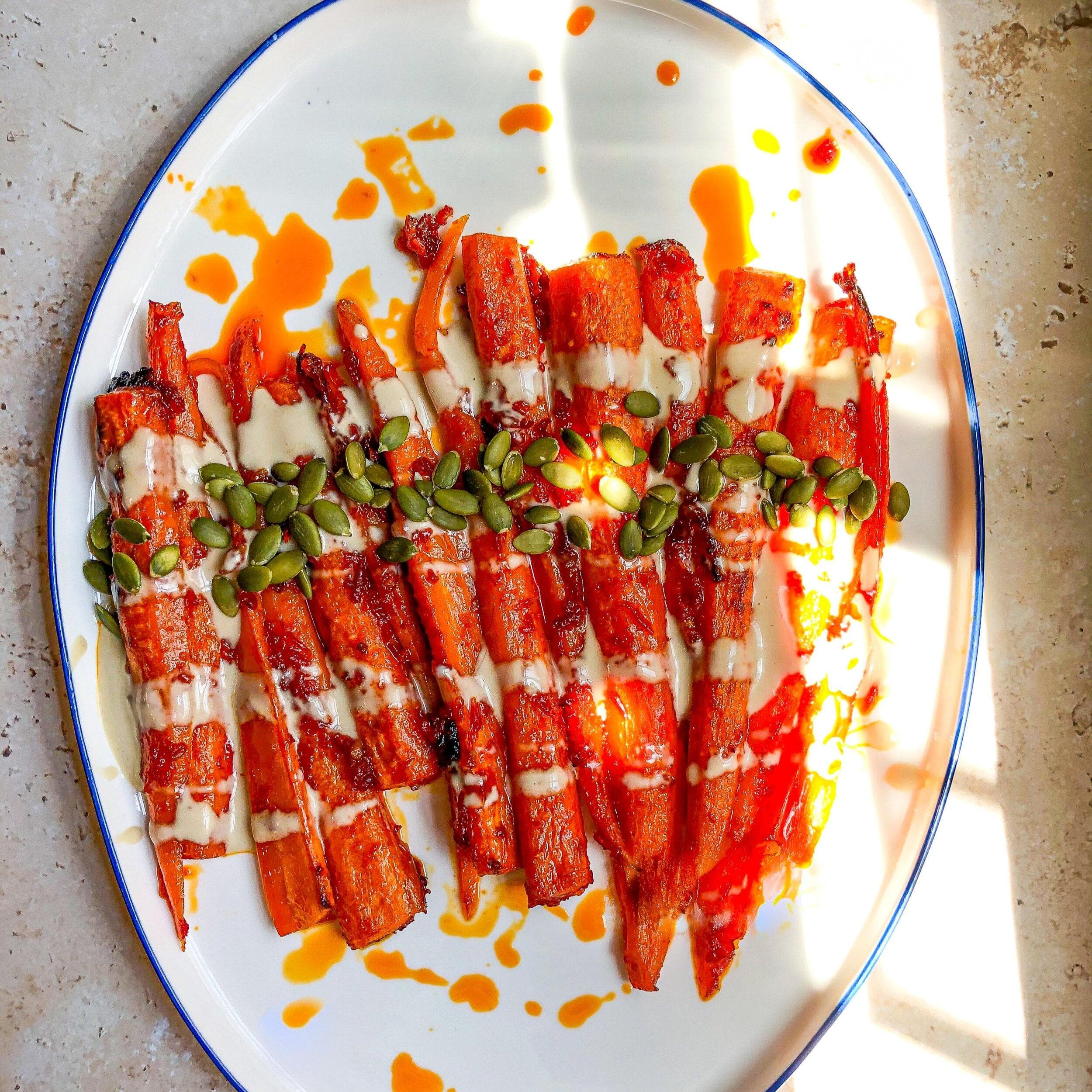 Sticky Maple & Harissa Carrots with Tahini