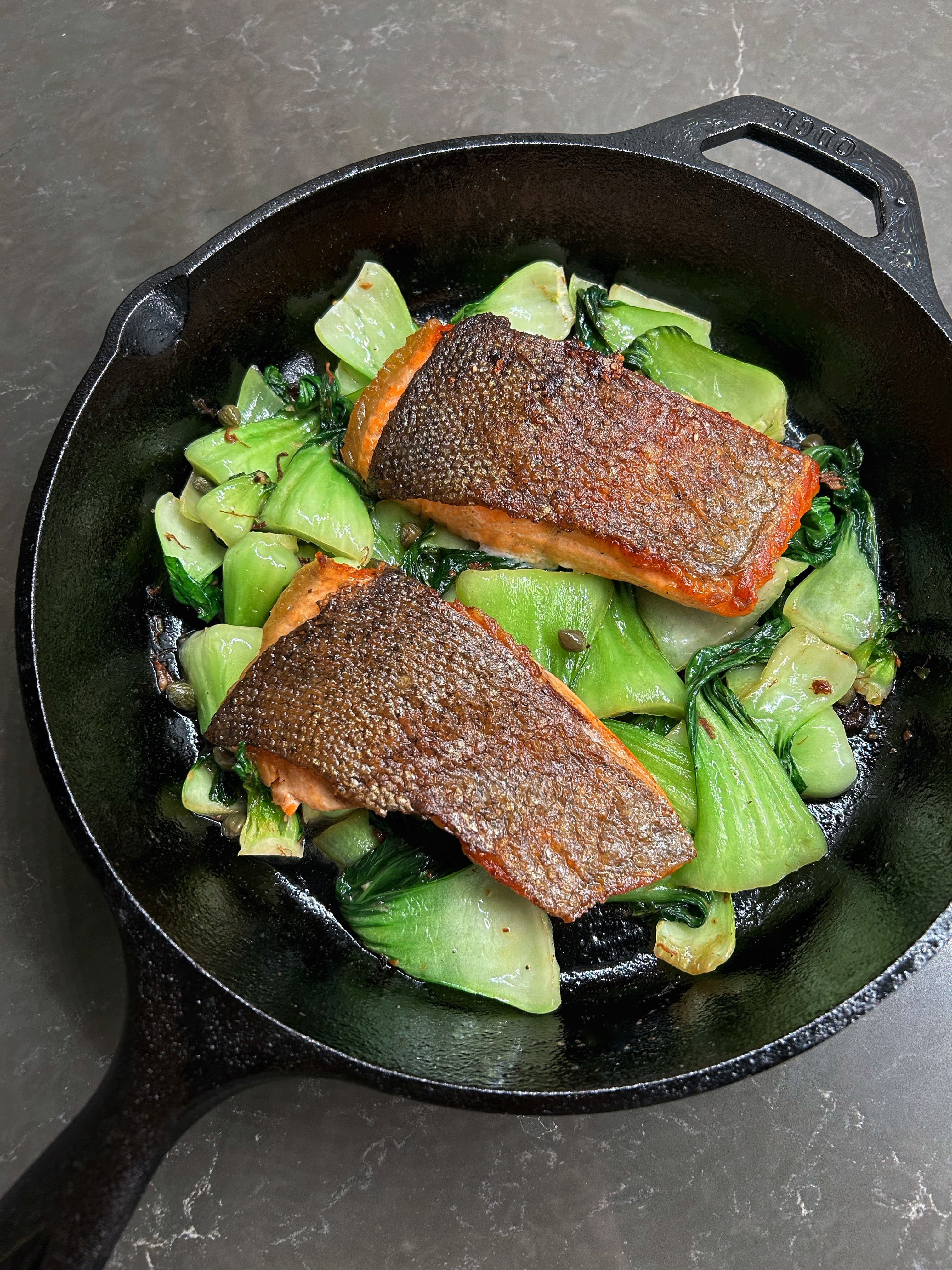 XO Butter Salmon with Capers and Shanghai Bok Choy