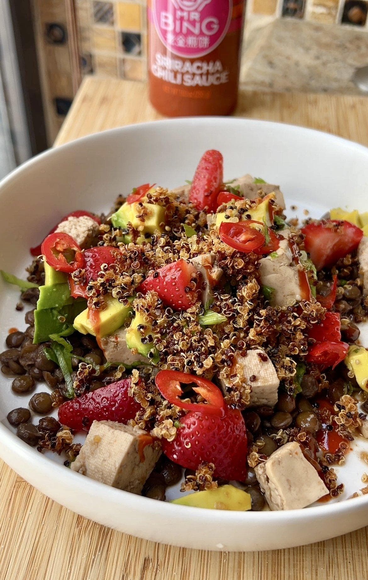 Sweet and Tangy Marinated Tofu Lentil Bowl with Pickled Strawberries